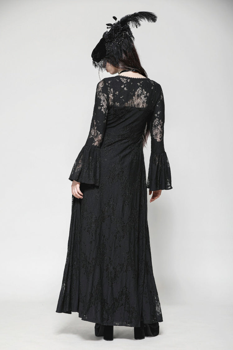 Jet-Black Elegant Robe with Lace Trim and Lacing for Women