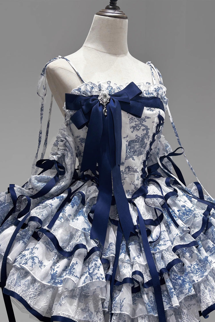 Cerulean and Ivory Sleeveless Multi-Layer Bow Print Chinese Classic Sweet Lolita JSK Short Dress