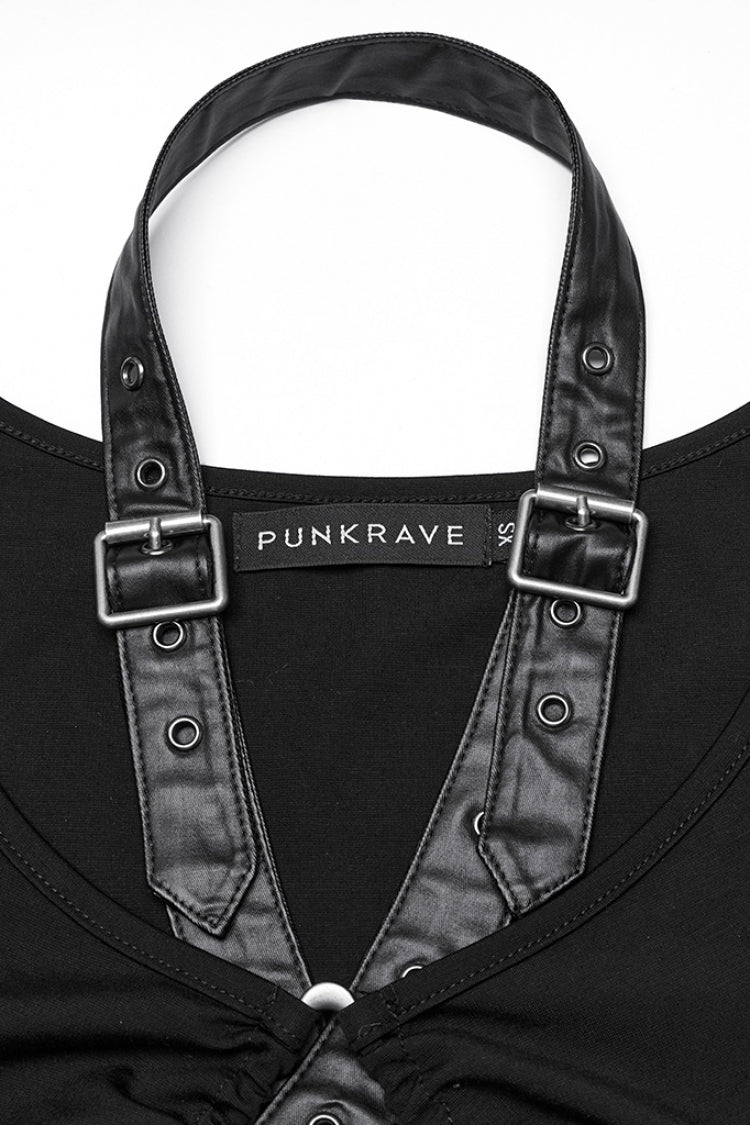 Cool Black Buckle Strap Sleeveless Halter Punk Vest