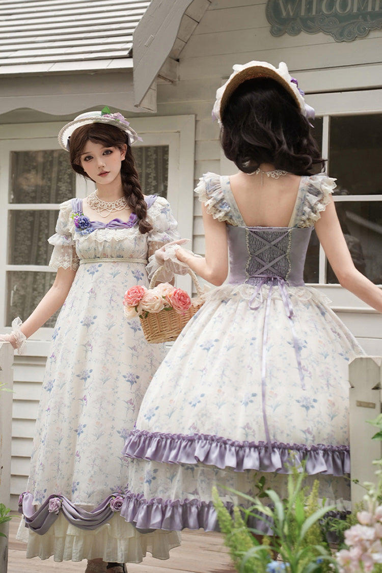 Double-Layer Print Ruffle Bow Lace-Up Fake Two Piece Sweet Lolita Jumper Dress - Purple Ivory