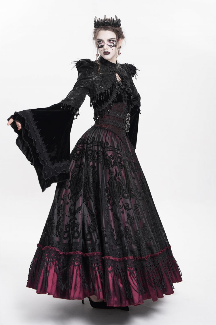 Scarlet Jacquard Embroidered Long Gothic Skirt with Buckle and Tassels