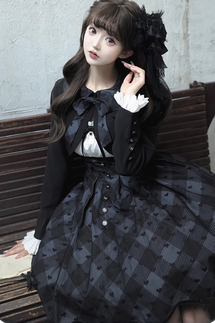 Black Short Sleeve Plaid Print Sweet Elegant Princess Dress Short - Swan