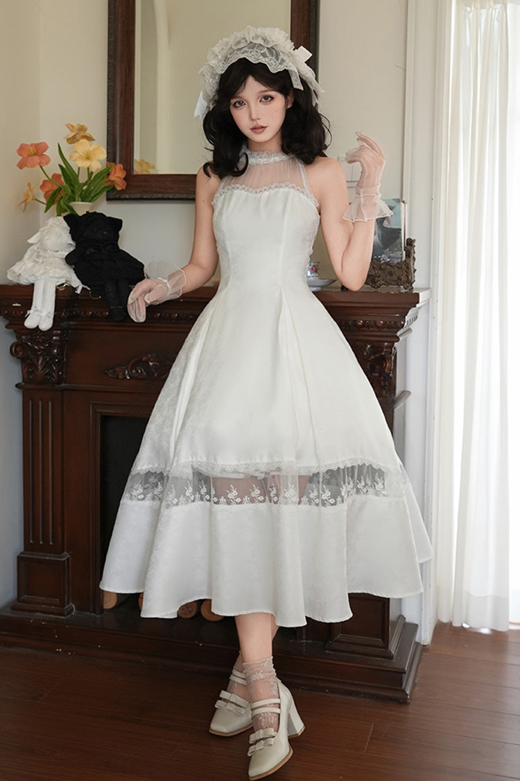 Ivory Off Shoulder Halter Print Ruffle Gothic Elegant Dress