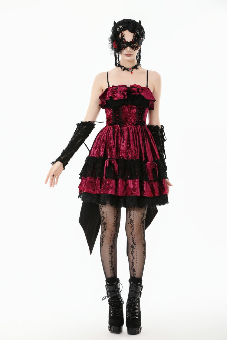 Wine Red Velvet Corset Mini Dress with Pointed Tail
