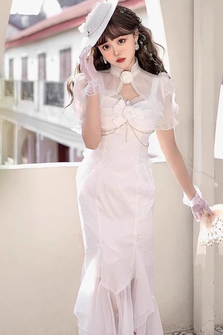 Camellia 1.0 White Sleeveless Jacquard Lace Sweet Fishtail JSK Dress