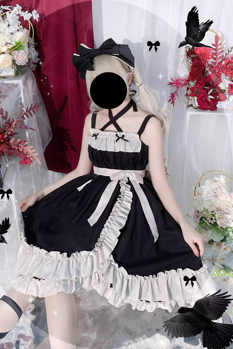 Black High-Waisted Asymmetric JSK Dress with Bowknot