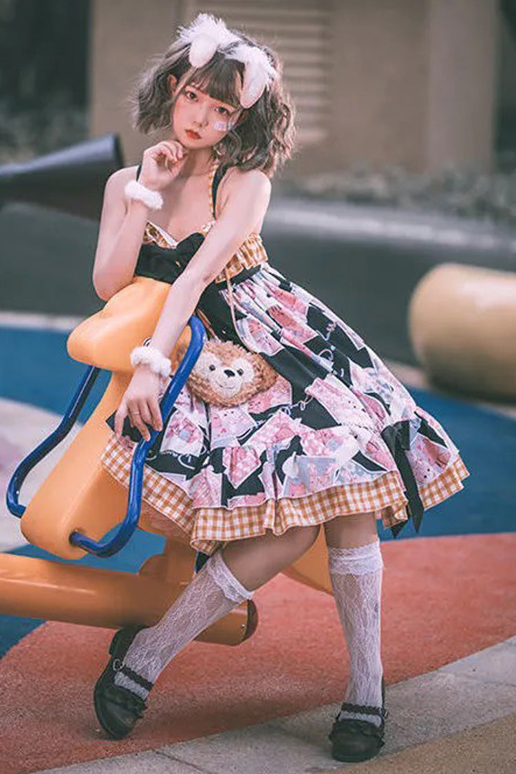 Ruffled Bowknot Print JSK Dress with Detachable Straps