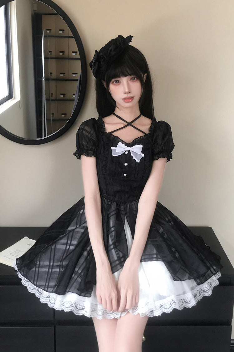 Black/White Square Collar Short Puff Sleeves Plaid Printed Ruffled Bow Lace Sweet Princess Lolita Dress