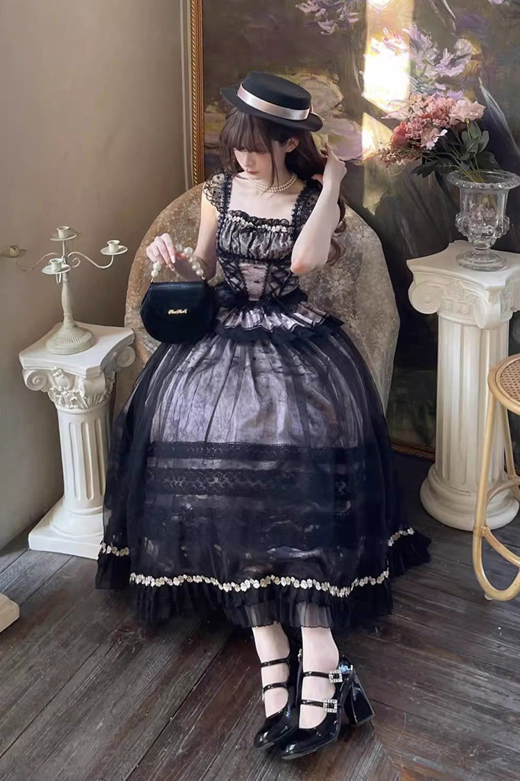 Grey Pink Misty Vineyard Sleeveless Lace-Up Ruffle Bow Sweet Lolita Jumper Skirt Set