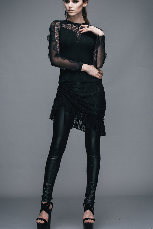Obsidian Rose Lace Mesh Over-Skirt Faux Leather Pants for Women