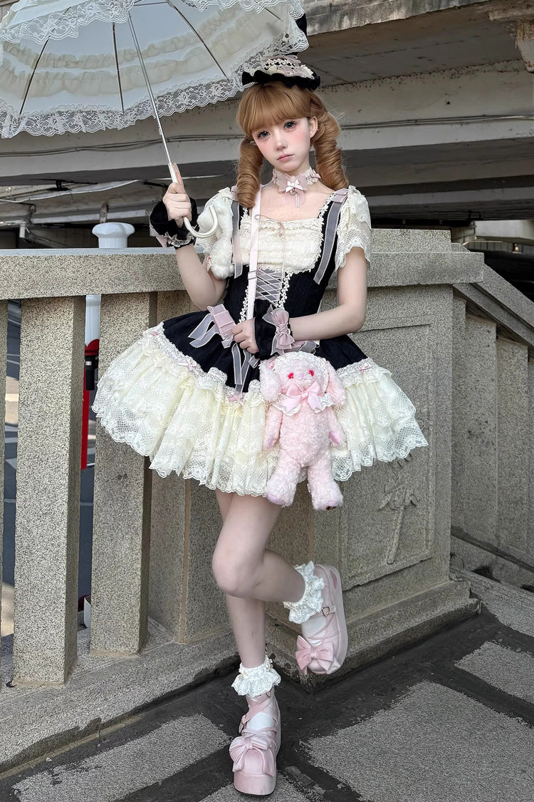 Goodnight Alice Sleeveless Ruffled Bow Lace-Up Sweet Lolita Jumper Dress Three Colors
