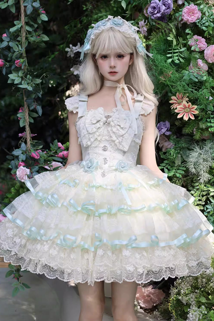 Emerald Rose Feather Waltz Sleeveless Triple-Layer Ruffle Bow Lace Ballet Lolita JSK