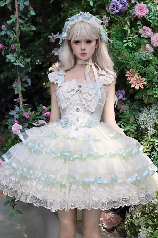 Emerald Rose Feather Waltz Sleeveless Triple-Layer Ruffle Bow Lace Ballet Lolita JSK