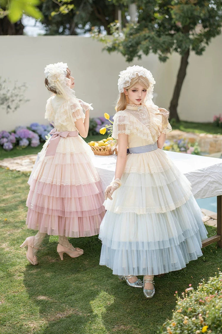Sweet Lolita Dress with Edwardian Collar and Ombre Ruffles - Blue