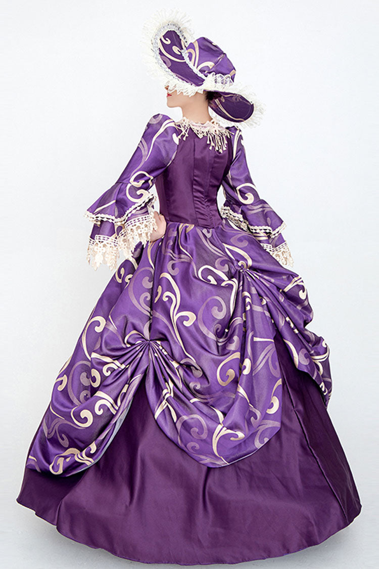 Violet Puffed-Sleeve High-Rise Floral Print Antique Gown