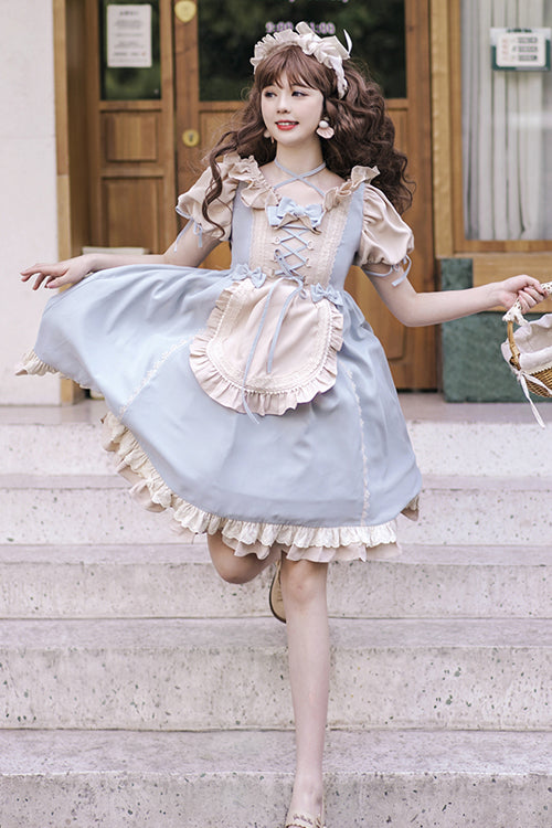 Sweet Lolita OP Dress - Puff Sleeve, Bowknot, High Waist