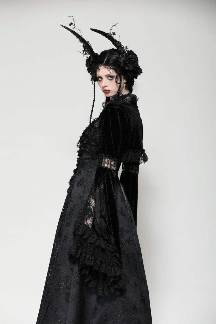 Jet-Black Gothic Cape with Flared Sleeves and Ruffled Lace Trim