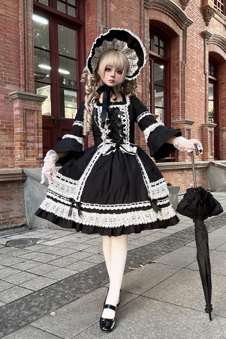 Black Trumpet Sleeve Gothic Dress with Lace and Bow