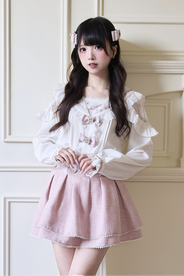 Navy Collar Bowknot Lace Long Sleeve Jirai Blouse in Three Colors