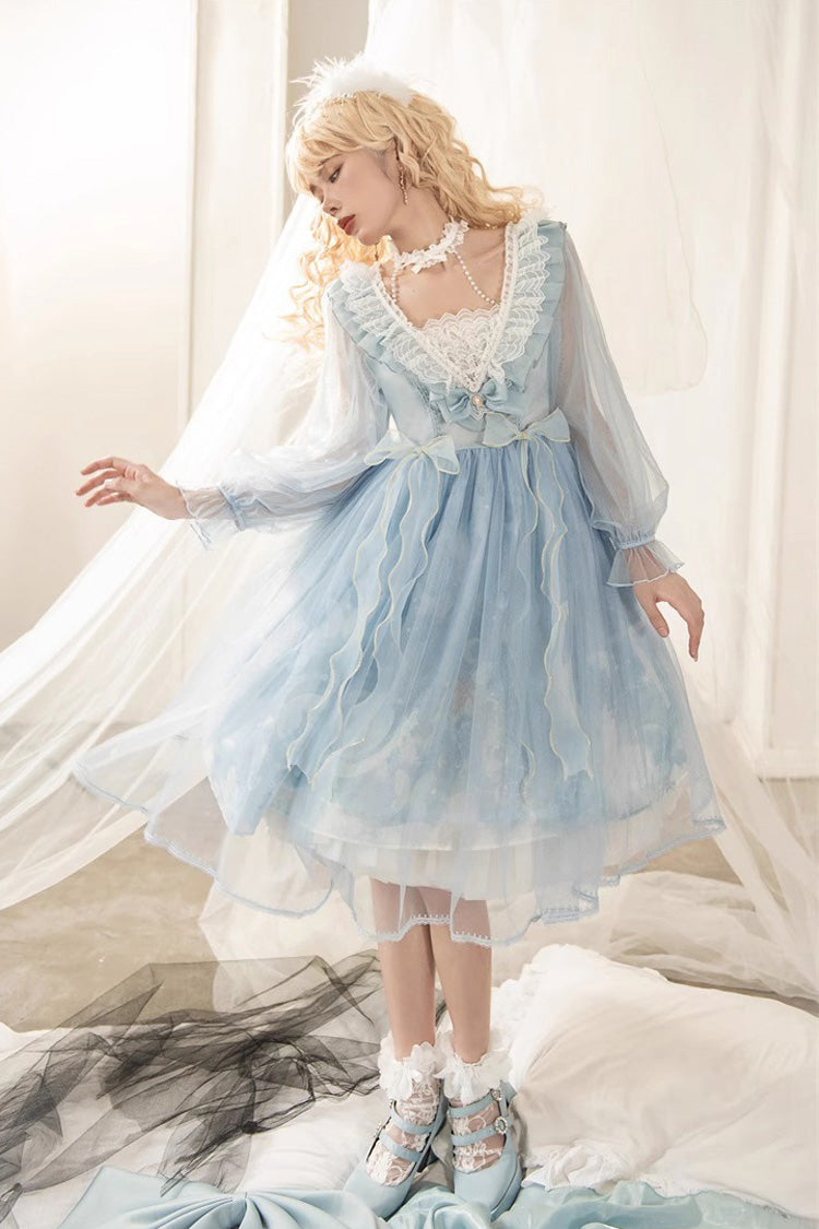 Blue Planet Butterfly Printed Ruffled Sweet Lolita Dress - High-Waisted