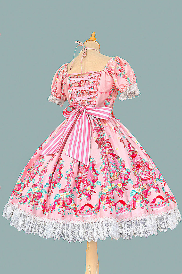 Printed Bowknot Lace Sweet Dress with Short Sleeves - Strawberry Chef