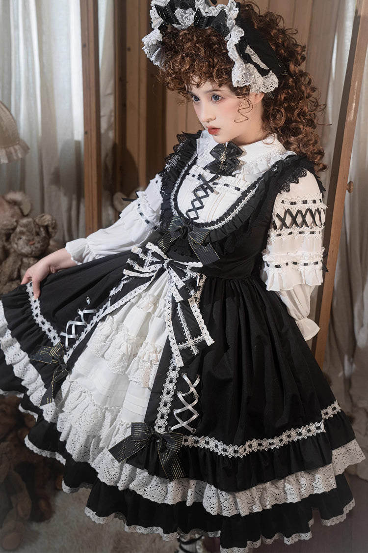 Black/White Tina's Gift Sleeveless Multi-Layered Ruffled Cardigan Bow Lace Sweet Lolita JSK Gown