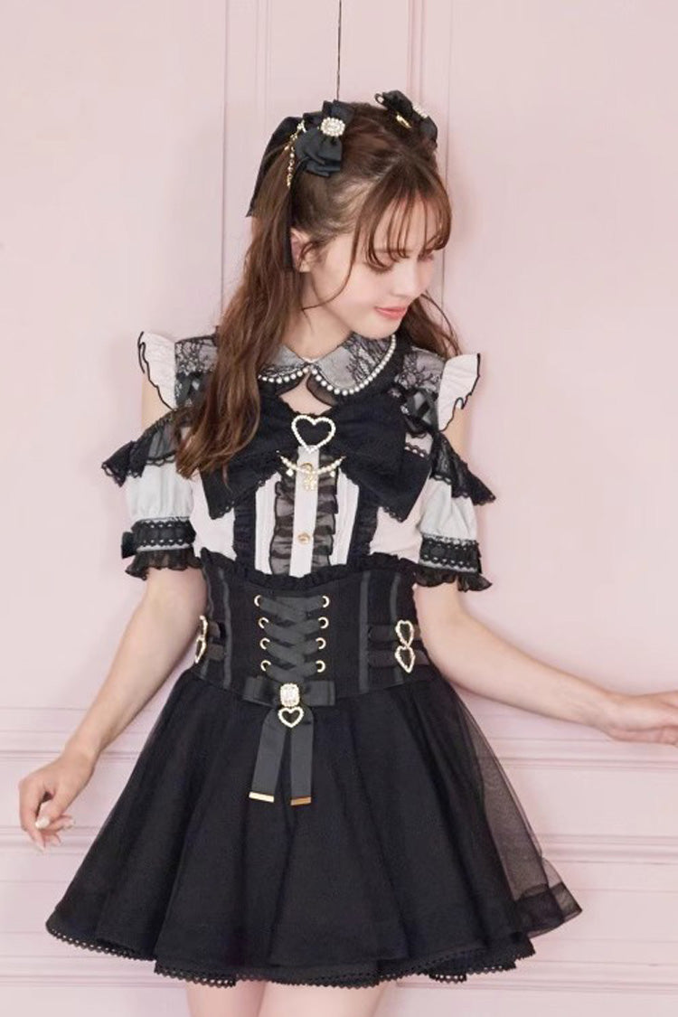 Lapel Off-Shoulder Bow Blouse - Pearl Jirai Kei
