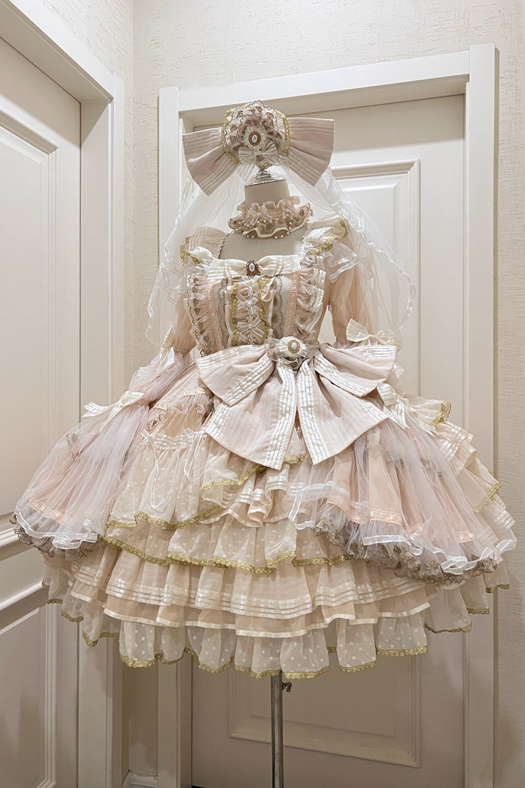 Gorgeous Apricot Trumpet Sleeve Layered Ruffle Bow Lace Lolita Dress Set