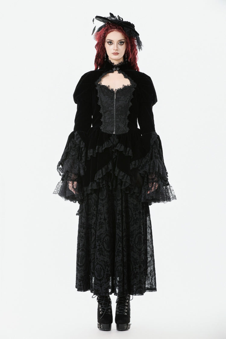 Jet-Black Gothic Coatlet with Layered Ruffles and High-Low Hem for Women