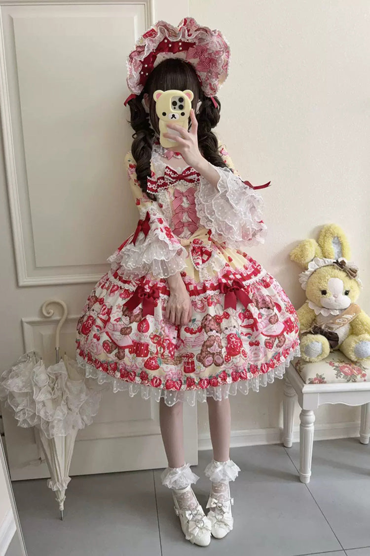 Yellow/Red Sweet Lolita OP Dress Half Sleeves Bow Lace Lace-Up - Sweet Berry Bunny Bear