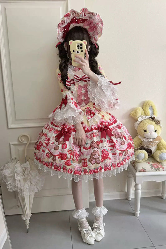 Yellow/Red Sweet Lolita OP Dress Half Sleeves Bow Lace Lace-Up - Sweet Berry Bunny Bear
