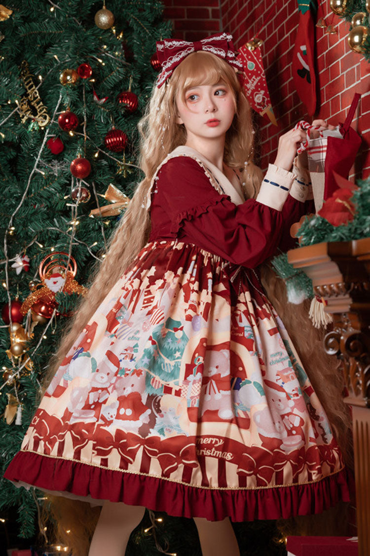 Burgundy Festive Bear Print High-Waisted Ribbon Ruffled Sweet Lolita One-Piece