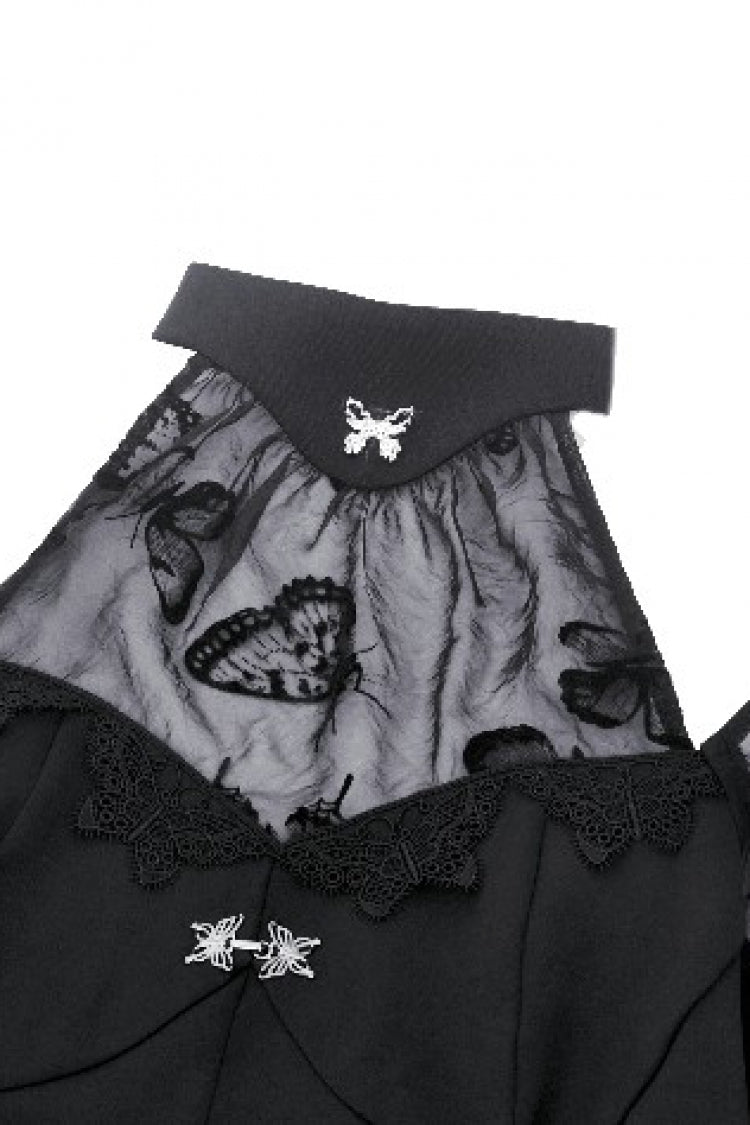 Majestic Black Multi-Layered Lace Trumpet Puff Sleeve Halter Gothic Lolita Graduation Gown