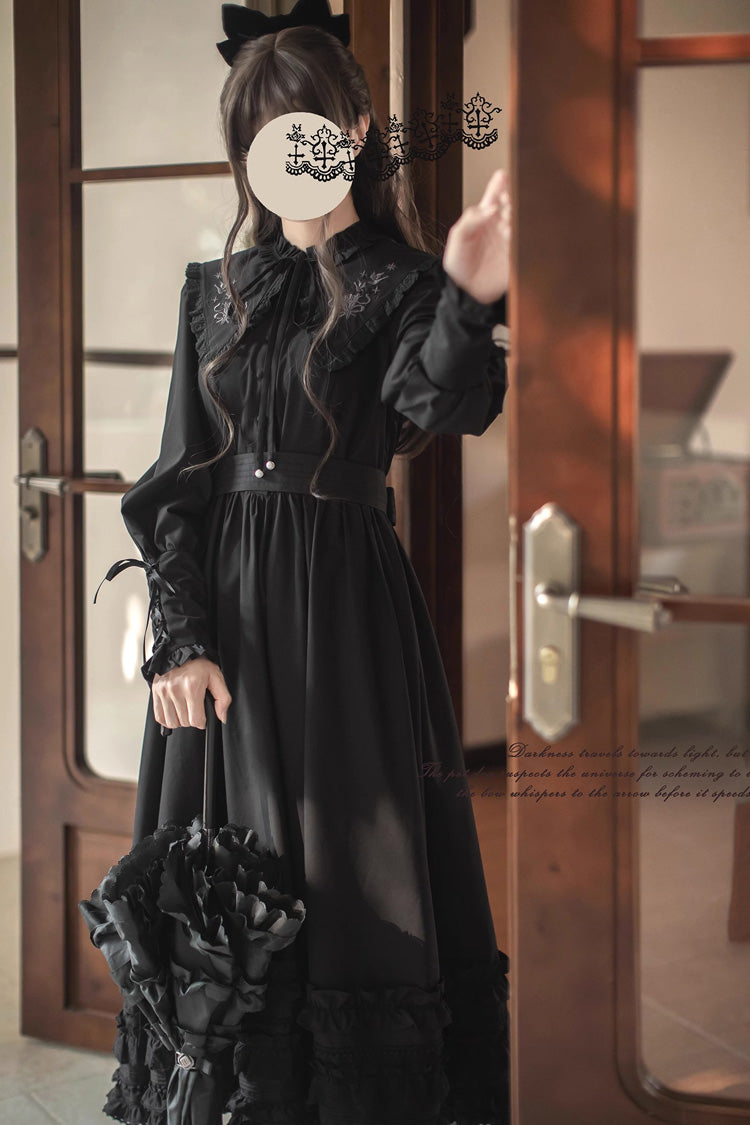 Black Long Sleeve Embroidered Bow Gothic Vintage Dress - Wind Kissed Tulips