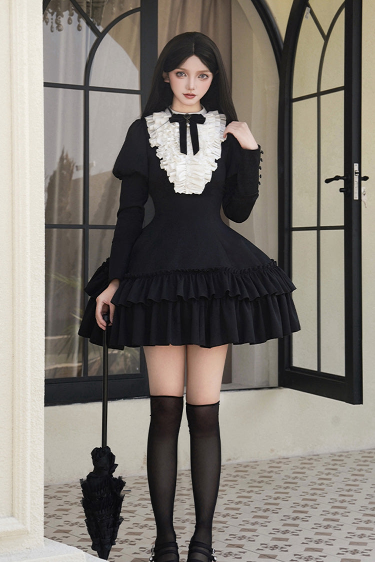 Black Miss Weir Stand Collar Long Sleeved Double-Layered Ruffled Gothic Dress
