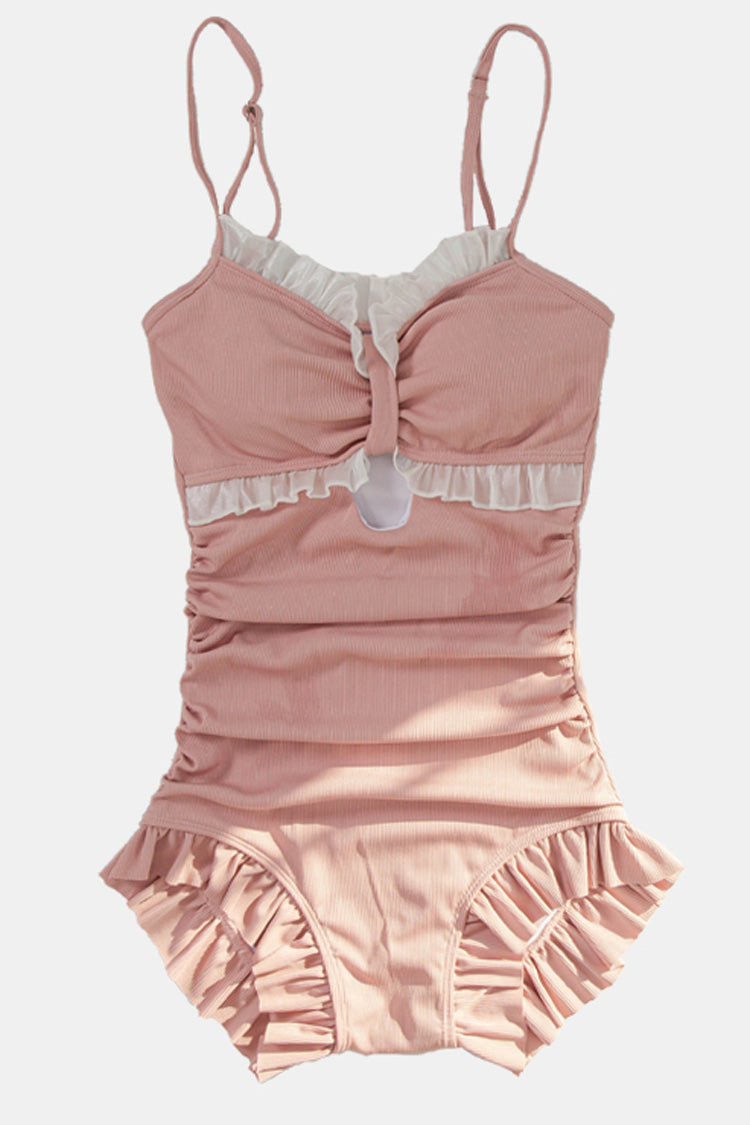 Pink Sleeveless Ruffle Cute Sweet Strapless One-Piece Swimsuit