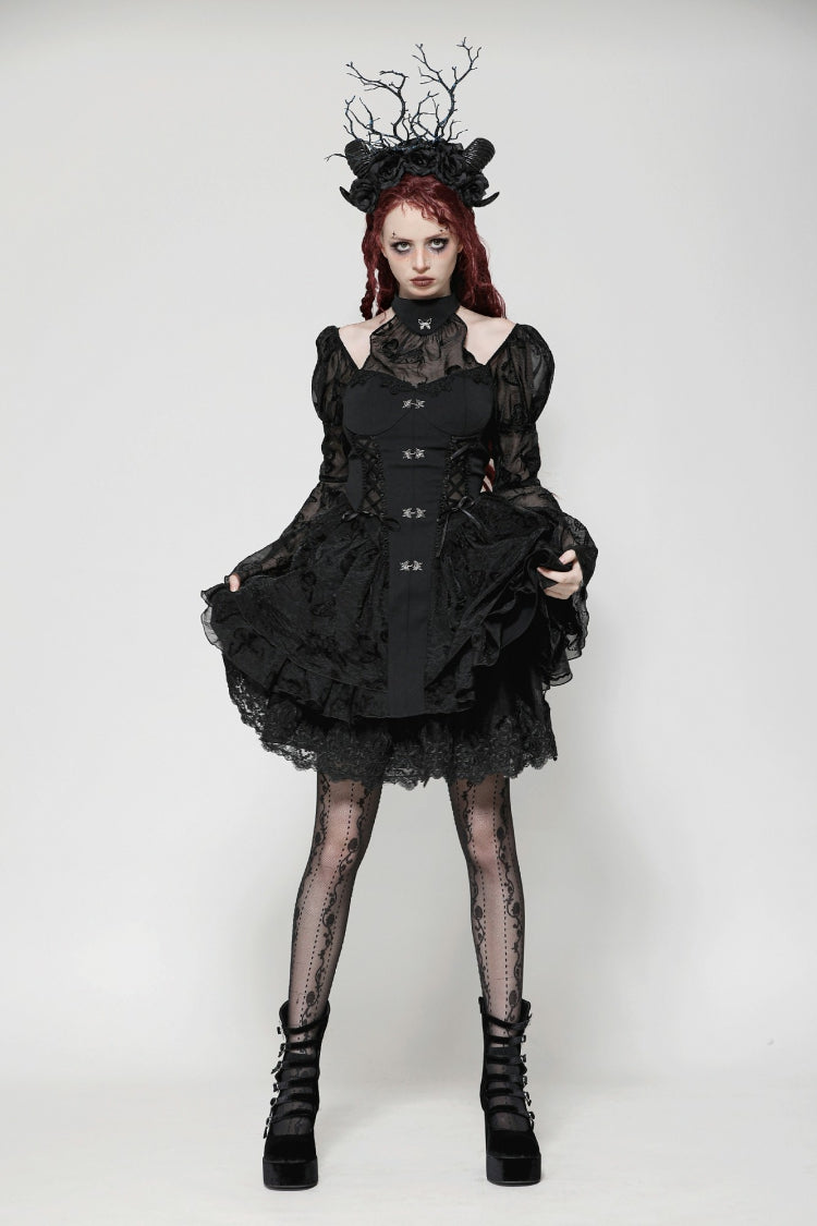 Majestic Black Multi-Layered Lace Trumpet Puff Sleeve Halter Gothic Lolita Graduation Gown