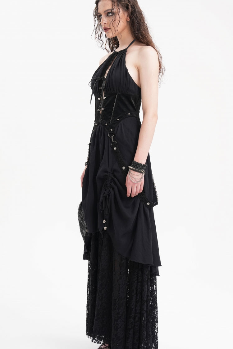 Alluring Black Hollow Lace Halter Gothic Strap Maxi Gown