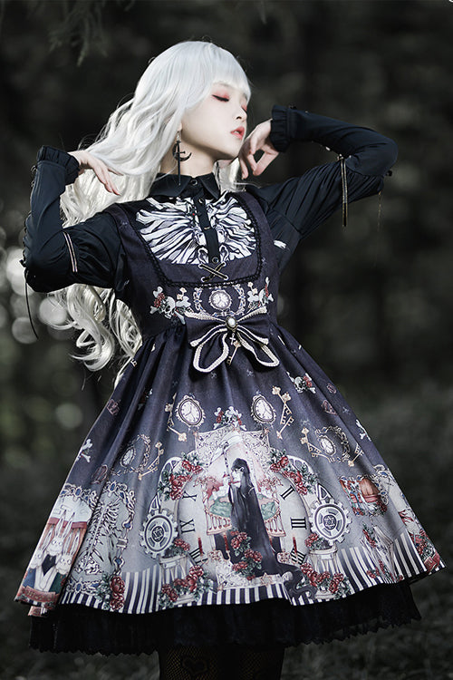 Black Fairy Tale Print JSK Dress with Lapel Collar