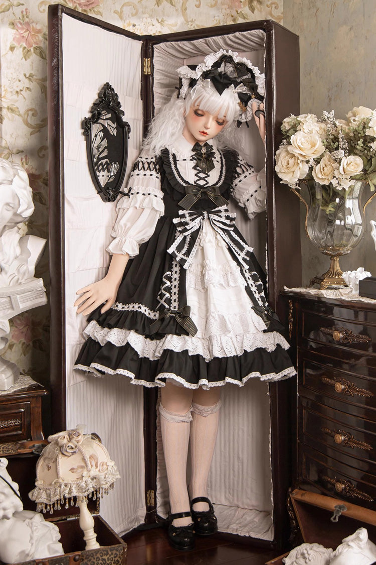 Black/White Tina's Gift Sleeveless Multi-Layered Ruffled Cardigan Bow Lace Sweet Lolita JSK Gown