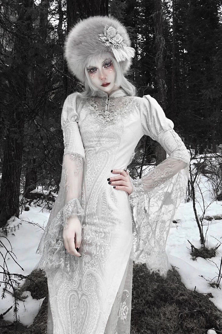 Silver High-Waisted V-Neck Long Sleeve Lace Ruffle Gothic Fishtail Dress - The Call of the Snow Country