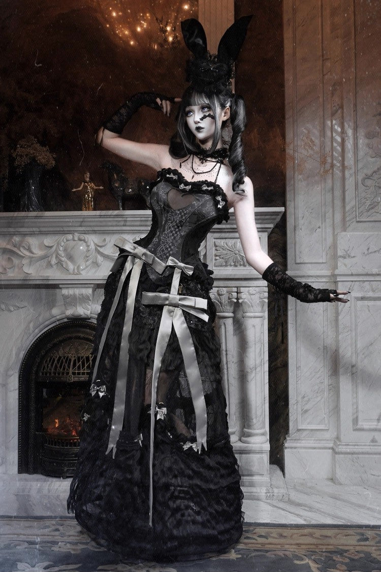 Ebony French Ruffle Embroidered Lace Long Skirt - Cupid’s Magic Box
