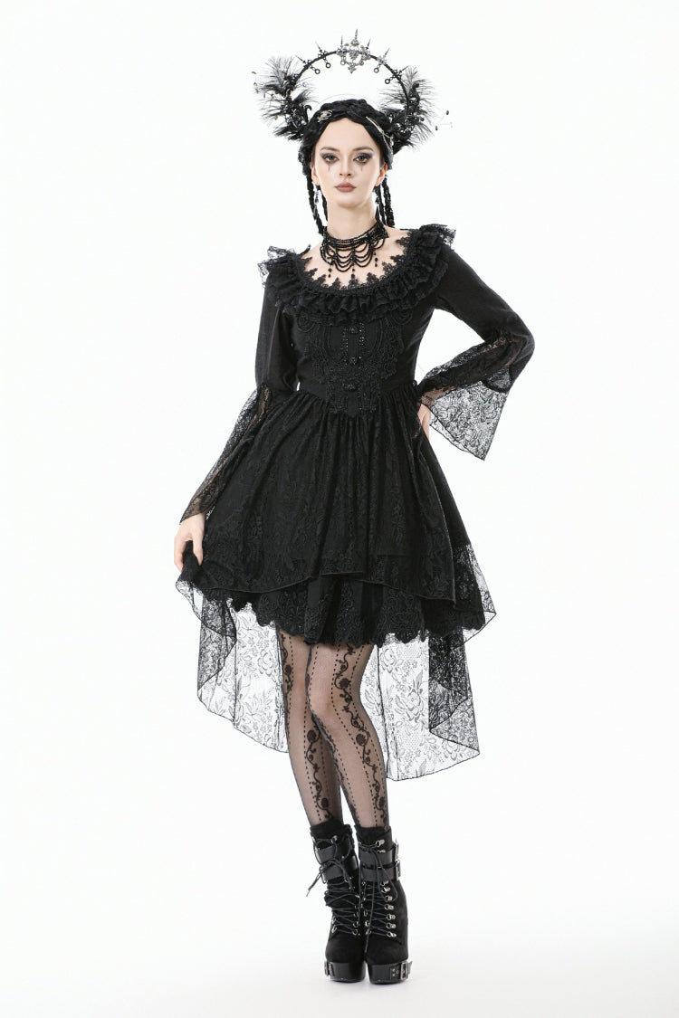 Gothic Black Lace Boat-Neck Trumpet-Sleeve High-Low Hem Elegant Long Gown