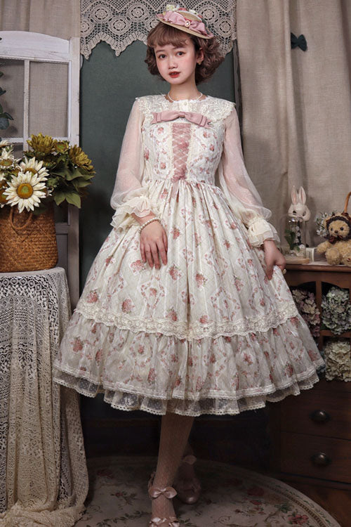 Blush Rose Print Layered Ruffled Sweet Lolita JSK Dress