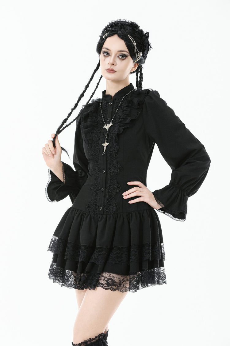 Jet-Black Lace-Up Dress with Bishop Sleeves and Layered Hem