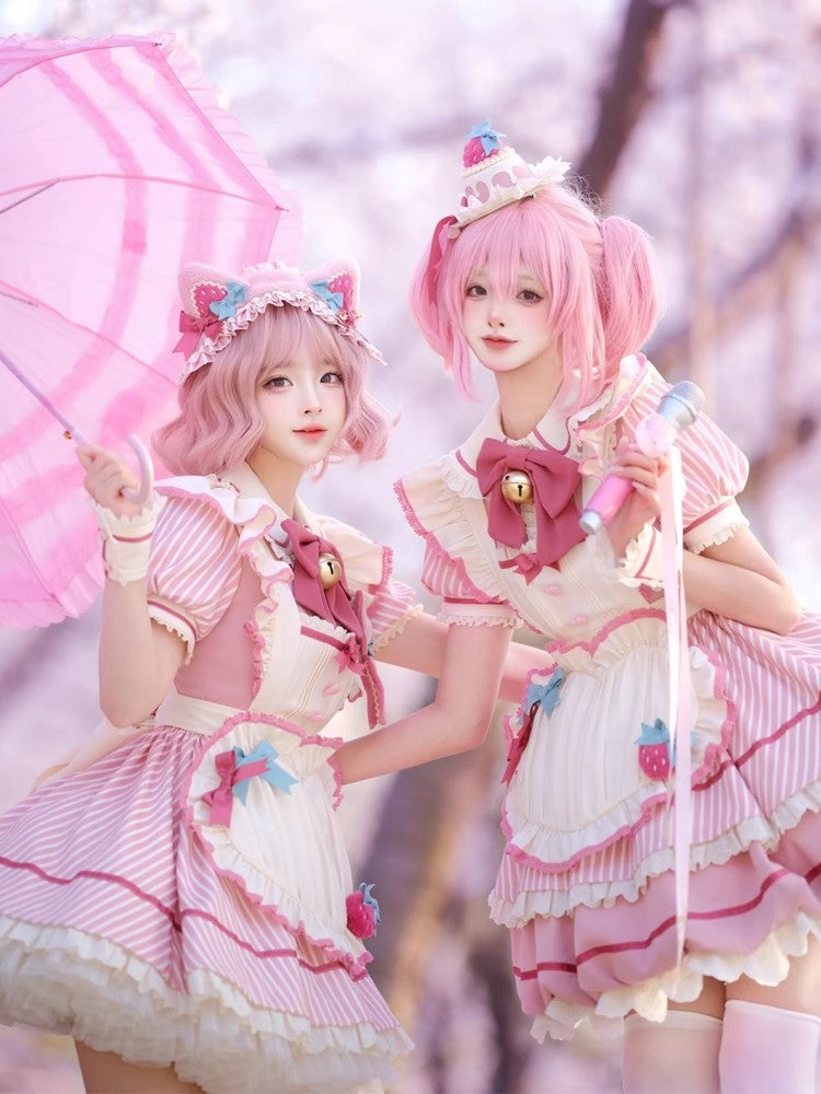 Pink Berry Bubbles Stripe Print Ruffle Bow Lace Sweet Lolita Dress