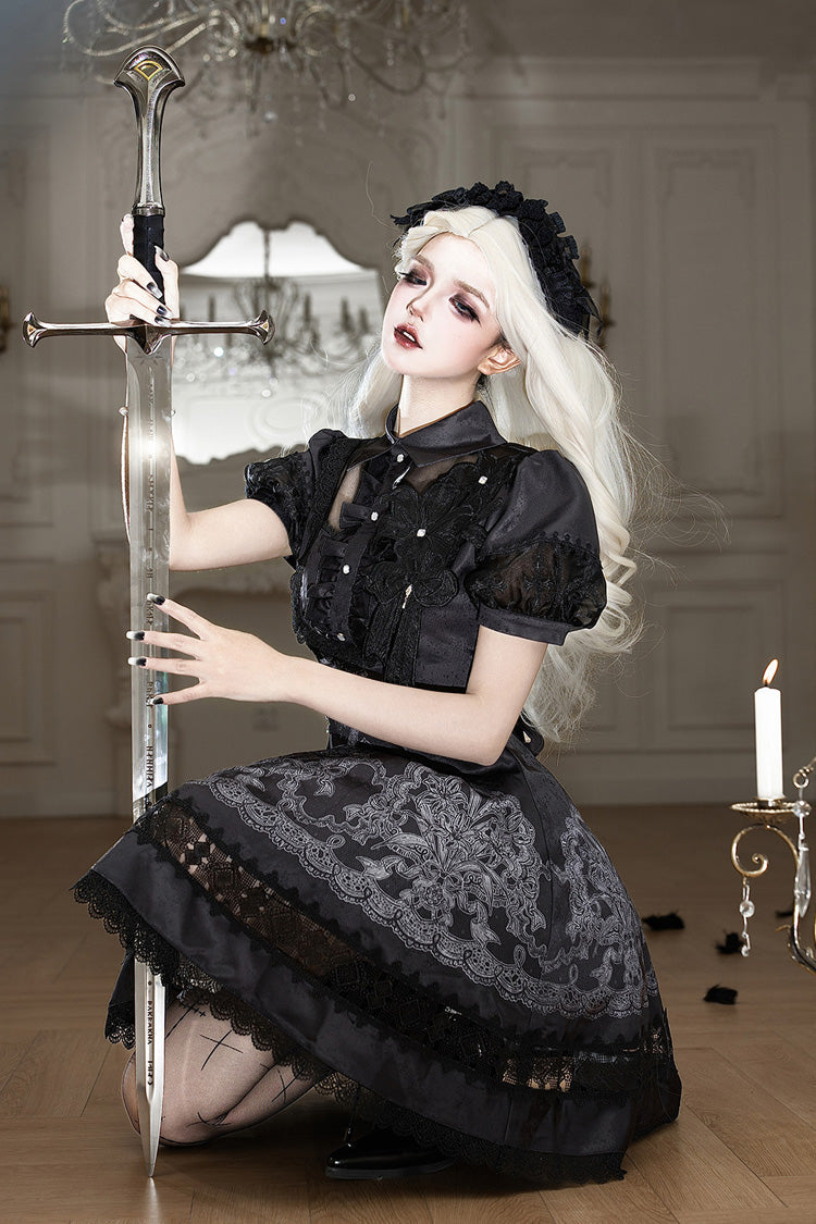 Black Classic Gothic Dress with Embroidered Lace