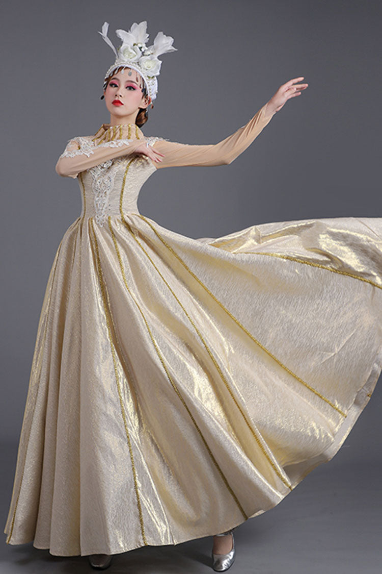 Golden Embroidered High-Waist Victorian Gown