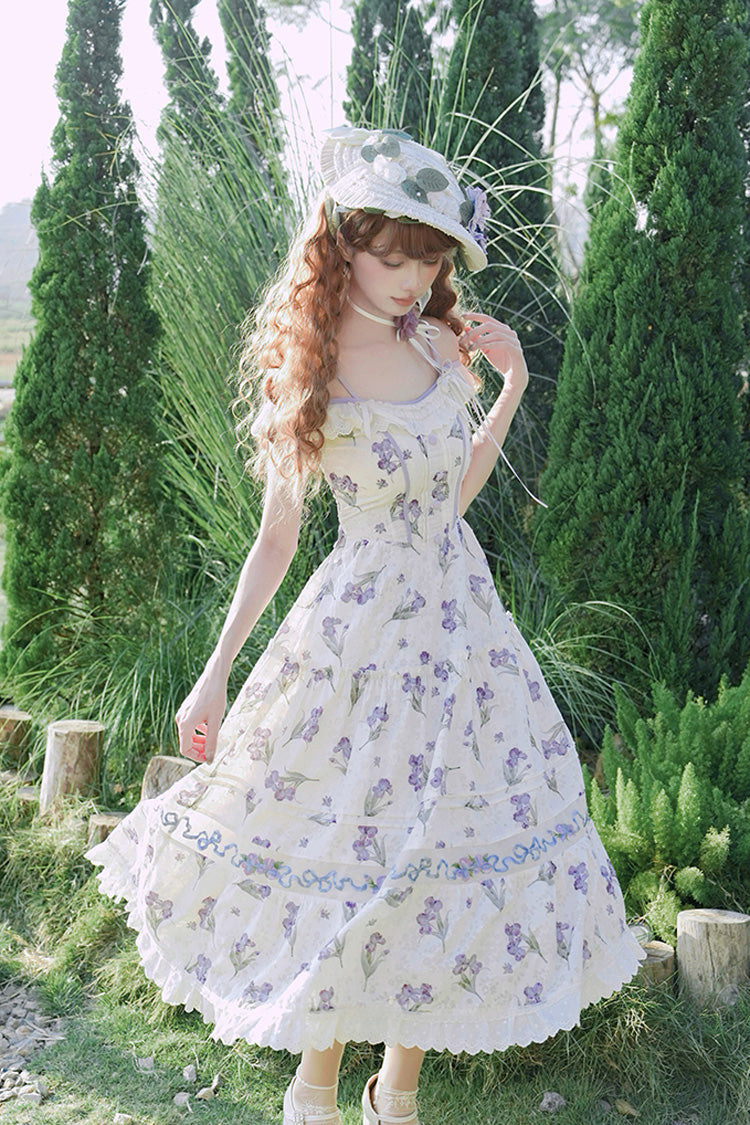 Cream Moonlight Iris Off-Shoulder Print Embroidery Lace Frilled Sweet Lolita JSK Dress