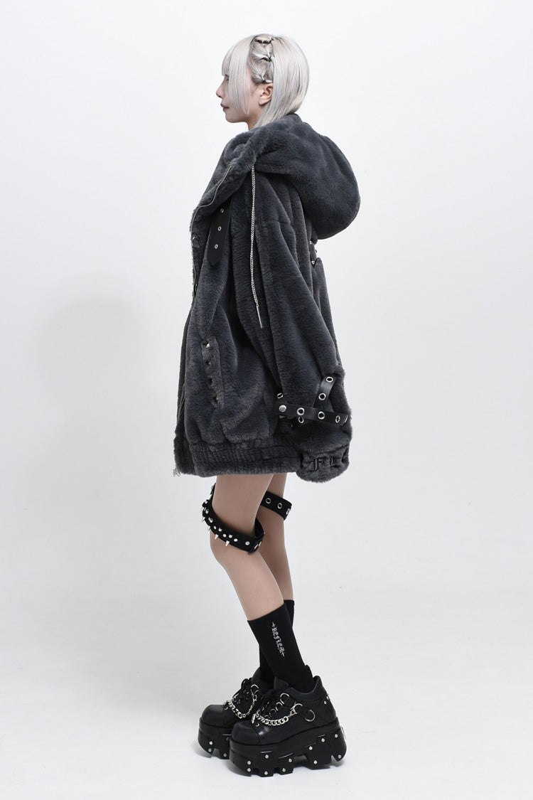 Hooded Punk Jirai Coat with Cross Leather Buckles in Two Tones